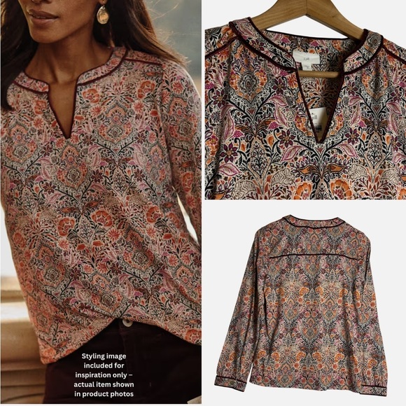 J. Jill Tops - NEW J.Jill Peasant Tunic Top Blouse Long Sleeve XS Floral Boho Velvet Trim